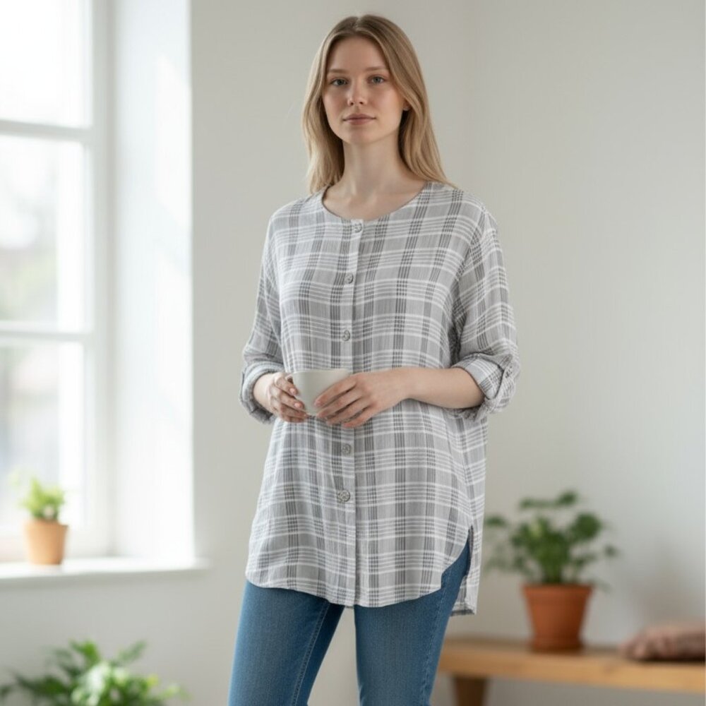 Vtg Clio Blouse Womens M Gray White Plaid Flowy Boho 4 Button Tunic 90s …